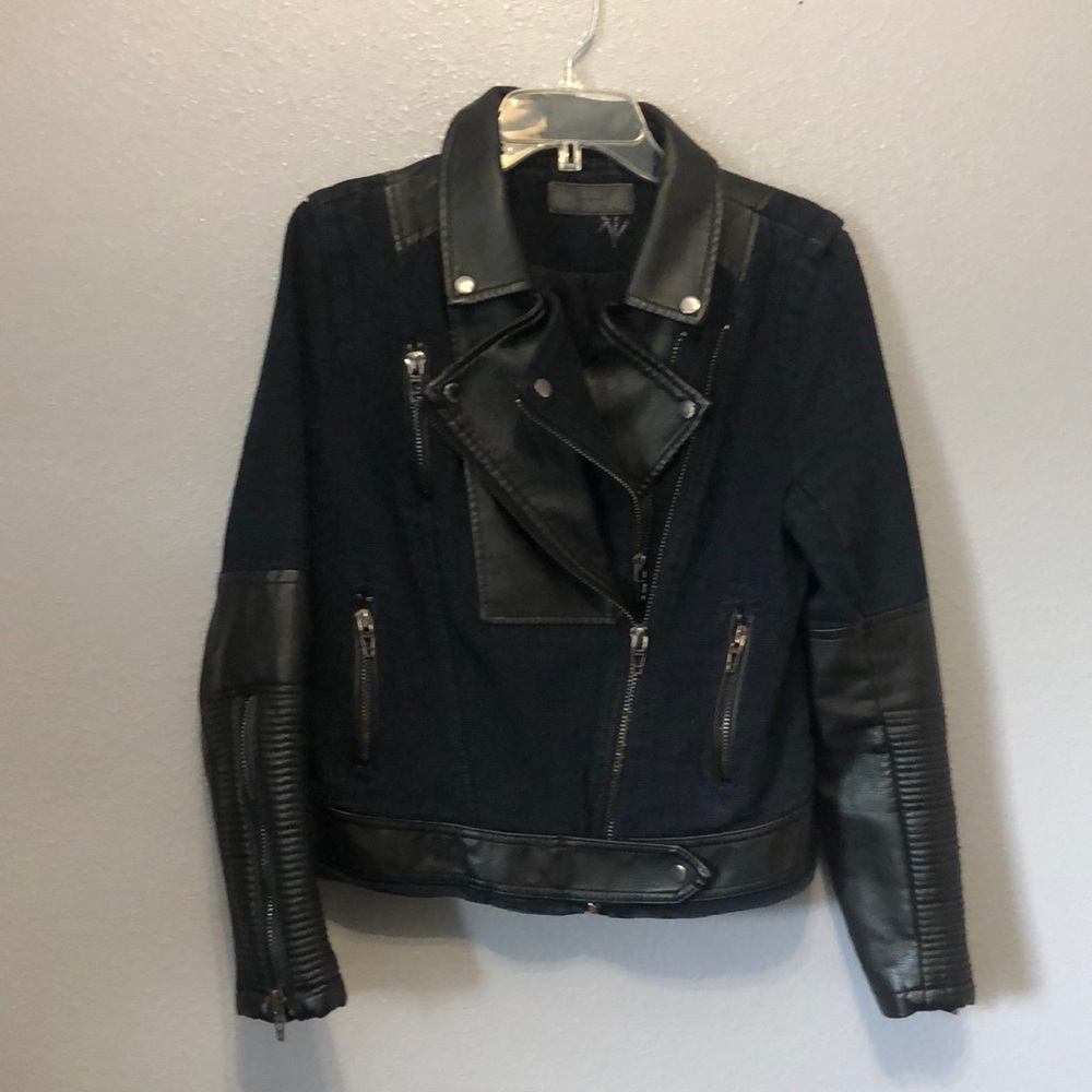 Blank NYC blue black canvas faux leather jacket Women's M biker motorcycle punk